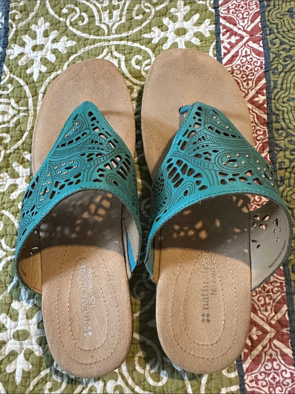 Naturalizer Teal Laser-Cut Slide Sandals
